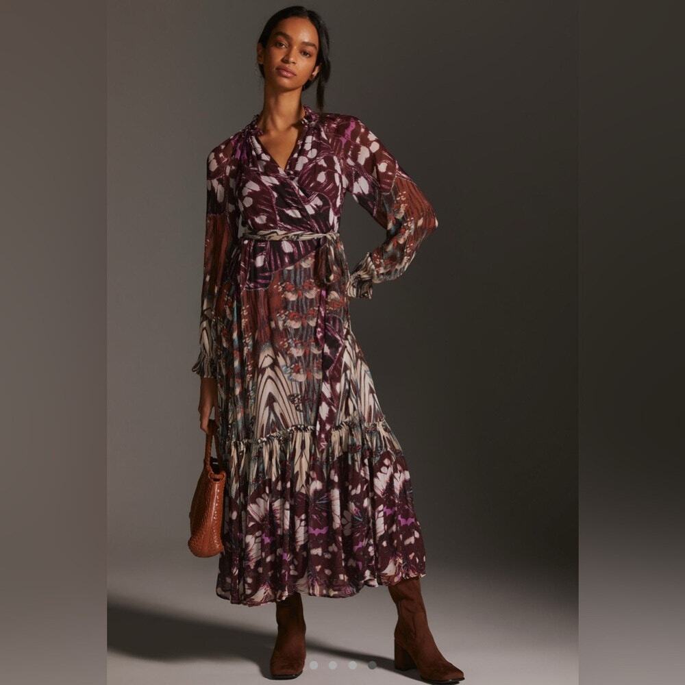 Anthropologie Wrap Dress Midi Maxi Tiered Long Sleeve Sheer Boho Purple Size XS